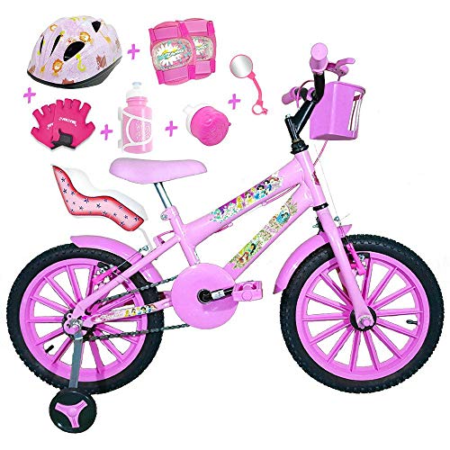 Bicicleta Infantil Aro 16 Rosa Bebê Kit Rosa Bebê C/Capacete, Kit Proteção e Cadeirinha