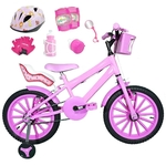 Bicicleta Infantil Aro 16 Rosa Bebê Kit Rosa Bebê C/ Capacete, Kit Proteção E Cadeirinha