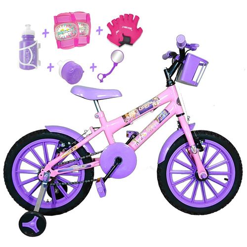 Bicicleta Infantil Aro 16 Rosa Bebê Kit Roxo C/ Acessórios e Kit Proteção