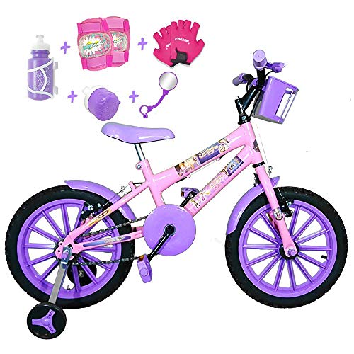 Bicicleta Infantil Aro 16 Rosa Bebê Kit Roxo C/Acessórios e Kit Proteção