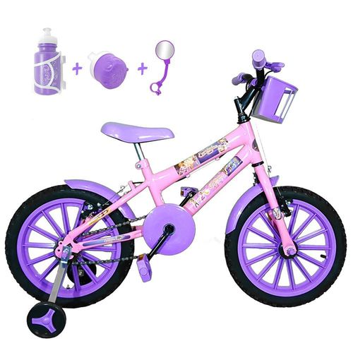 Bicicleta Infantil Aro 16 Rosa Bebê Kit Roxo C/ Acessórios