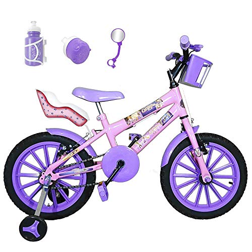 Bicicleta Infantil Aro 16 Rosa Bebê Kit Roxo C/Cadeirinha para Boneca