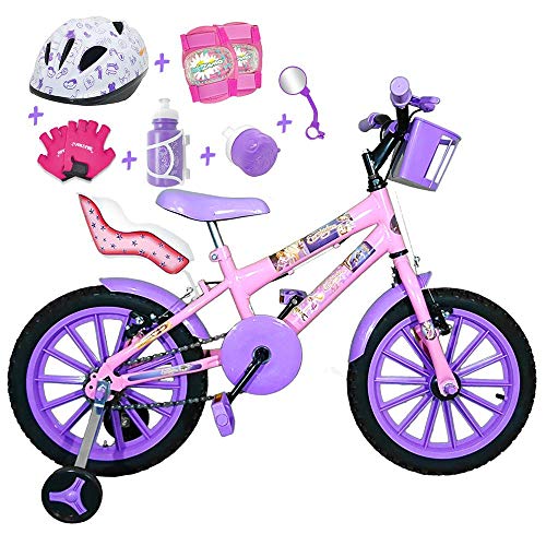 Bicicleta Infantil Aro 16 Rosa Bebê Kit Roxo C/Capacete, Kit Proteção e Cadeirinha