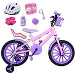 Bicicleta Infantil Aro 16 Rosa Bebê Kit Roxo C/ Capacete, Kit Proteção E Cadeirinha