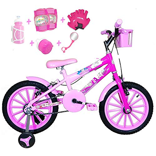 Bicicleta Infantil Aro 16 Rosa Bebê Pink Kit Rosa Bebê C/Acessórios e Kit Proteção