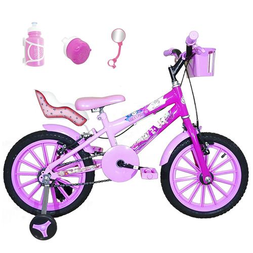 Bicicleta Infantil Aro 16 Rosa Bebê Pink Kit Rosa Bebê C/ Cadeirinha para Boneca