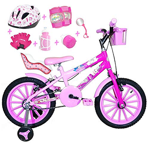 Bicicleta Infantil Aro 16 Rosa Bebê Pink Kit Rosa Bebê C/Capacete, Kit Proteção e Cadeirinha