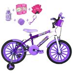Bicicleta Infantil Aro 16 Roxa Branca Kit Lilás C/ Acessórios e Kit Proteção