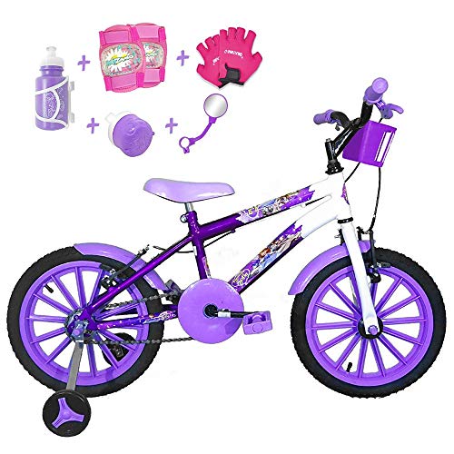 Bicicleta Infantil Aro 16 Roxa Branca Kit Lilás C/Acessórios e Kit Proteção