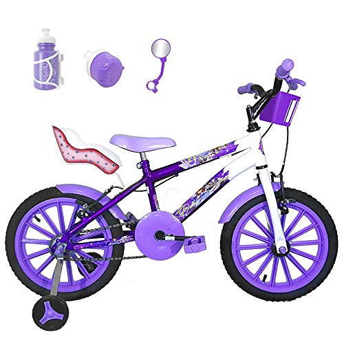 Bicicleta Infantil Aro 16 Roxa Branca Kit Lilás C/Cadeirinha para Boneca