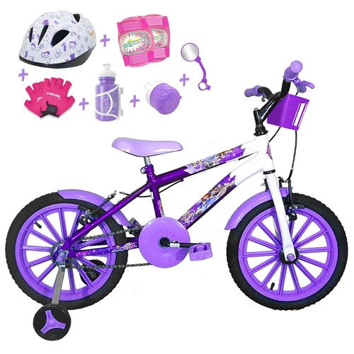 Bicicleta Infantil Aro 16 Roxa Branca Kit Lilás C/ Capacete e Kit Proteção