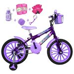 Bicicleta Infantil Aro 16 Roxa Kit Lilás C/ Acessórios e Kit Proteção