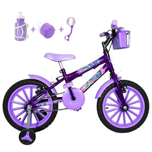 Bicicleta Infantil Aro 16 Roxa Kit Lilás C/ Acessórios