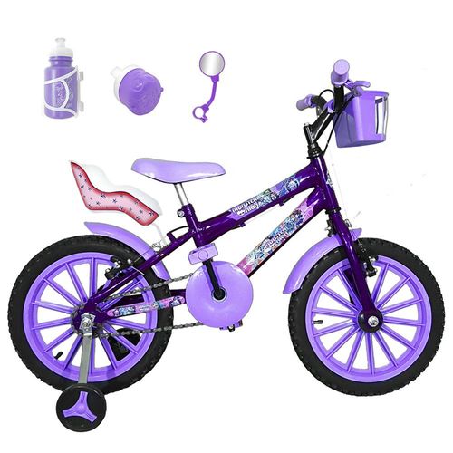 Bicicleta Infantil Aro 16 Roxa Kit Lilás C/ Cadeirinha para Boneca
