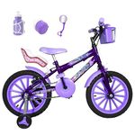 Bicicleta Infantil Aro 16 Roxa Kit Lilás C/ Cadeirinha para Boneca