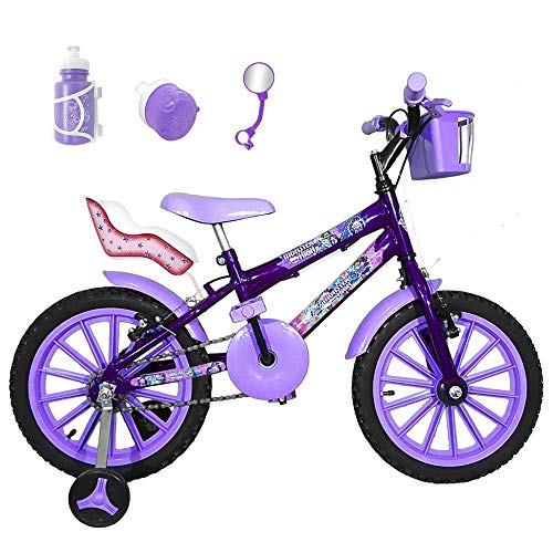 Bicicleta Infantil Aro 16 Roxa Kit Lilás C/Cadeirinha para Boneca