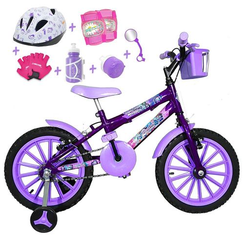Bicicleta Infantil Aro 16 Roxa Kit Lilás C/ Capacete e Kit Proteção
