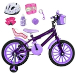 Bicicleta Infantil Aro 16 Roxa Kit Lilás C/ Capacete, Kit Proteção E Cadeirinha