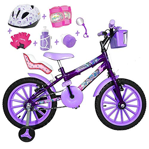 Bicicleta Infantil Aro 16 Roxa Kit Lilás C/Capacete, Kit Proteção e Cadeirinha