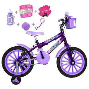 Bicicleta Infantil Aro 16 Roxa Kit Lilás com Acessórios e Kit Proteção