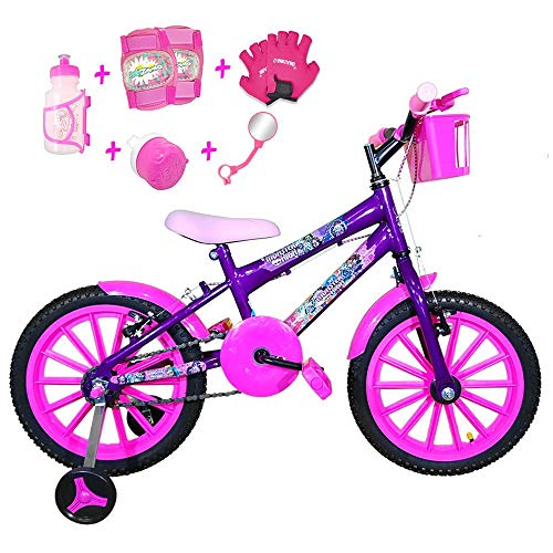Bicicleta Infantil Aro 16 Roxa Kit Pink C/Acessórios e Kit Proteção