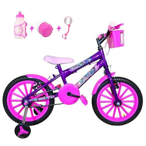 Bicicleta Infantil Aro 16 Roxa Kit Pink C/ Acessórios