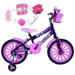 Bicicleta Infantil Aro 16 Roxa Kit Rosa Bebê C/ Acessórios e Kit Proteção