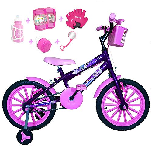 Bicicleta Infantil Aro 16 Roxa Kit Rosa Bebê C/Acessórios e Kit Proteção