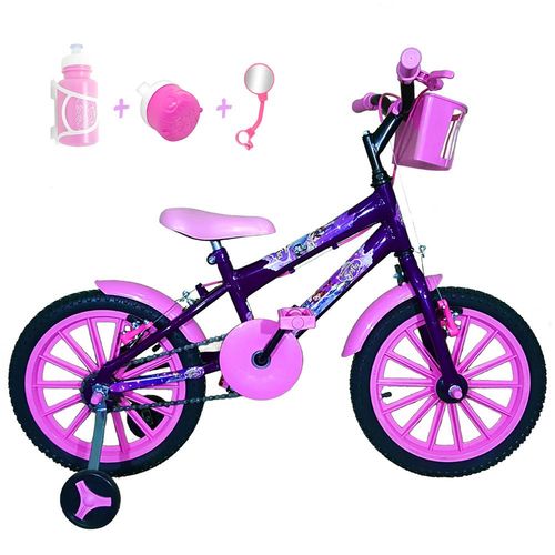 Bicicleta Infantil Aro 16 Roxa Kit Rosa Bebê C/ Acessórios