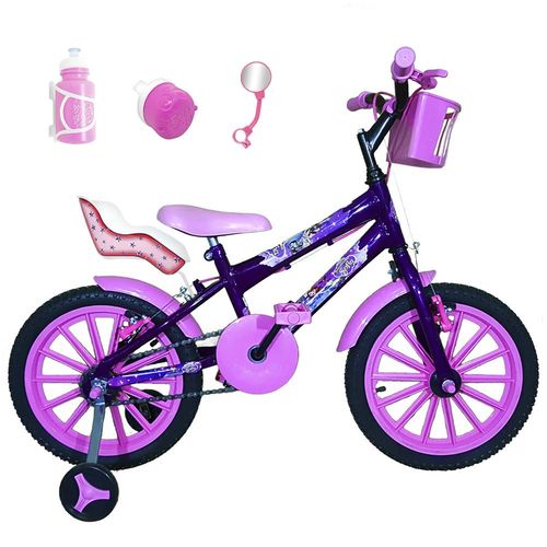 Bicicleta Infantil Aro 16 Roxa Kit Rosa Bebê C/ Cadeirinha para Boneca