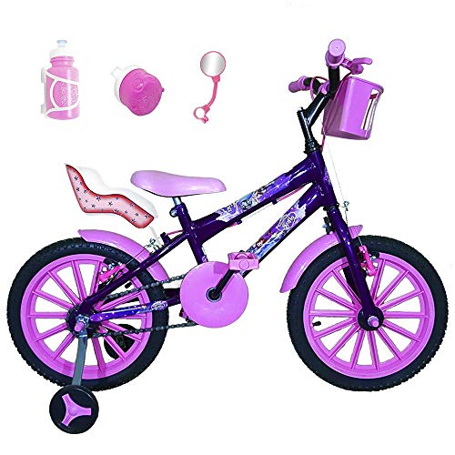 Bicicleta Infantil Aro 16 Roxa Kit Rosa Bebê C/Cadeirinha para Boneca