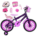 Bicicleta Infantil Aro 16 Roxa Kit Rosa Bebê C/ Capacete, Kit Proteção E Cadeirinha