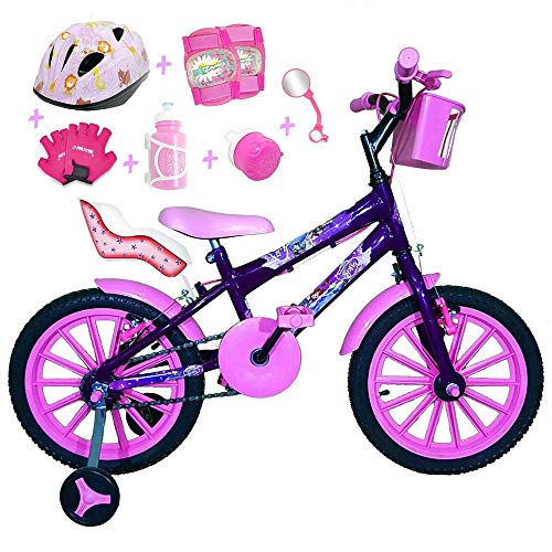 Bicicleta Infantil Aro 16 Roxa Kit Rosa Bebê C/Capacete, Kit Proteção e Cadeirinha