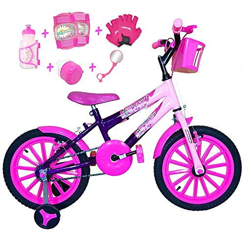 Bicicleta Infantil Aro 16 Roxa Rosa Bebê Kit Pink C/Acessórios e Kit Proteção