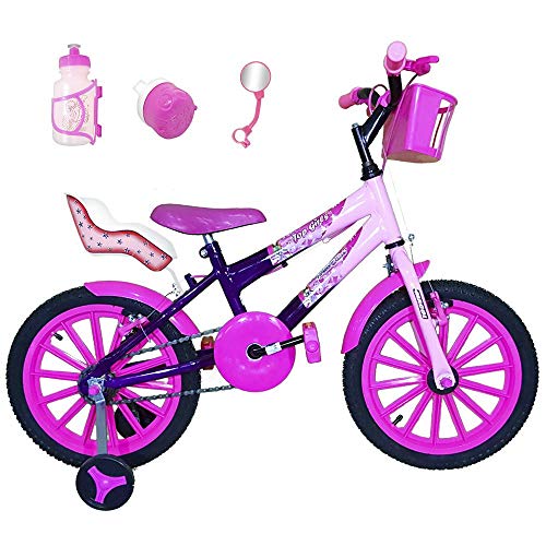 Bicicleta Infantil Aro 16 Roxa Rosa Bebê Kit Pink C/Cadeirinha para Boneca