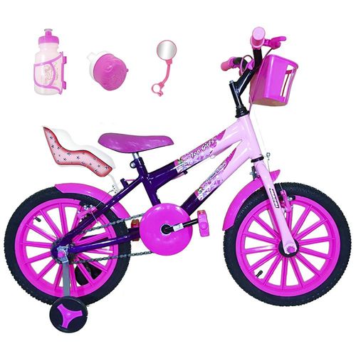 Bicicleta Infantil Aro 16 Roxa Rosa Bebê Kit Pink C/ Cadeirinha para Boneca
