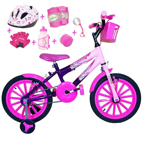 Bicicleta Infantil Aro 16 Roxa Rosa Bebê Kit Pink C/ Capacete e Kit Proteção