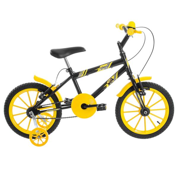 Bicicleta Infantil Aro 16 Ultra Bikes Preta e Amarela com Rodinhas