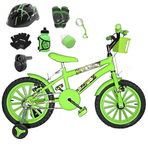Bicicleta Infantil Aro 16 Verde Claro Kit Verde C/ Capacete, Kit Proteção e Acelerador