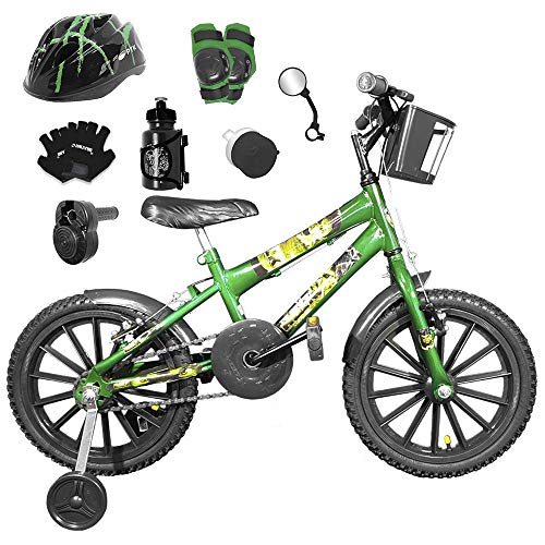 Bicicleta Infantil Aro 16 Verde Escuro Kit Preto C/Capacete, Kit Proteção e Acelerador