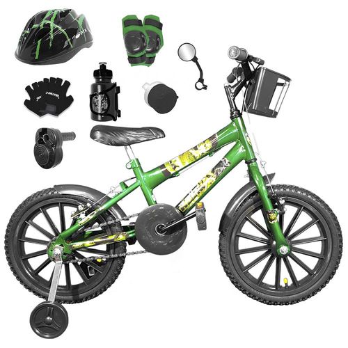 Bicicleta Infantil Aro 16 Verde Escuro Kit Preto C/ Capacete, Kit Proteção e Acelerador