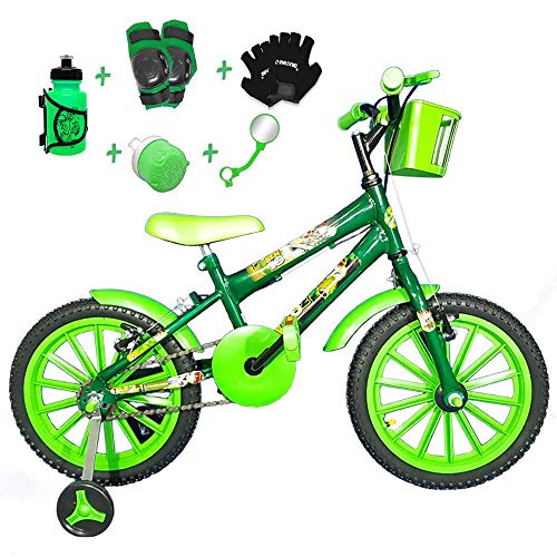 Bicicleta Infantil Aro 16 Verde Escuro Kit Verde C/Acessórios e Kit Proteção