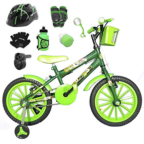 Bicicleta Infantil Aro 16 Verde Escuro Kit Verde C/Capacete, Kit Proteção e Acelerador