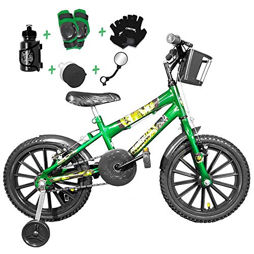 Bicicleta Infantil Aro 16 Verde Kit Preto C/Acessórios e Kit Proteção