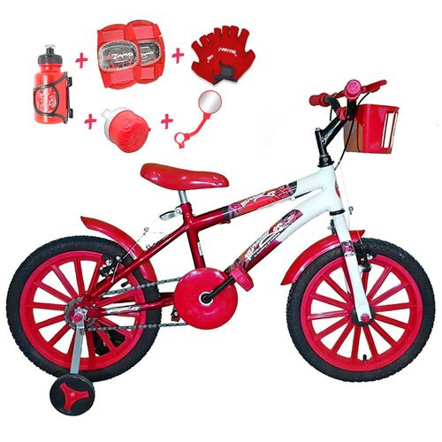 Bicicleta Infantil Aro 16 Vermelha Branca Kit Vermelho C/ Acessórios e Kit Proteção