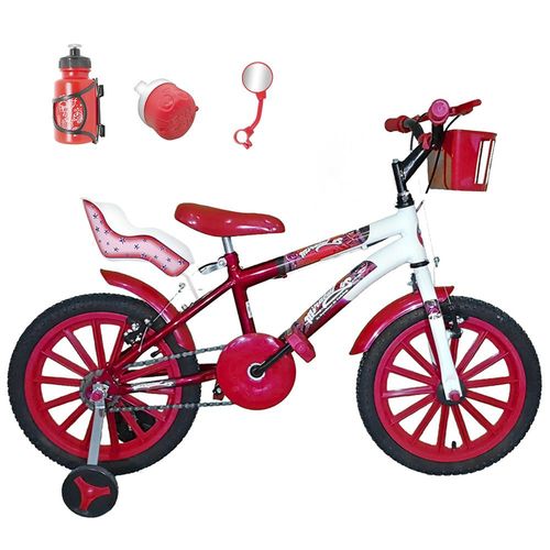 Bicicleta Infantil Aro 16 Vermelha Branca Kit Vermelho C/ Cadeirinha para Boneca