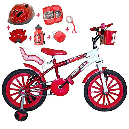 Bicicleta Infantil Aro 16 Vermelha Branca Kit Vermelho C/Capacete, Kit Proteção e Cadeirinha