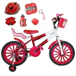 Bicicleta Infantil Aro 16 Vermelha Branca Kit Vermelho C/ Capacete, Kit Proteção E Cadeirinha