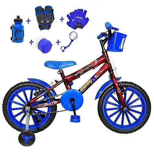 Bicicleta Infantil Aro 16 Vermelha Kit Azul C/Acessórios e Kit Proteção