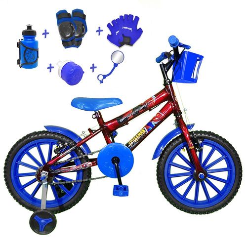 Bicicleta Infantil Aro 16 Vermelha Kit Azul C/ Acessórios e Kit Proteção